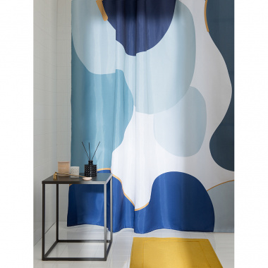 картинка Штора для ванной синего цвета с авторским принтом из коллекции Freak Fruit от магазина Tkano
