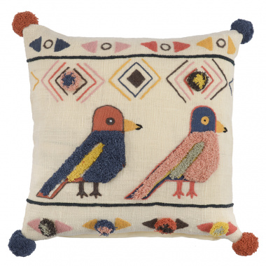 картинка Чехол на подушку в этническом стиле с помпонами и вышивкой Птицы из коллекции Ethnic от магазина Tkano
